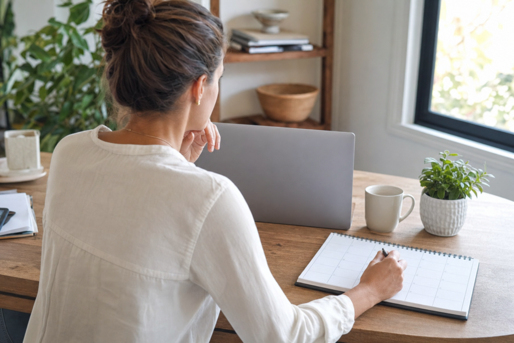 Small-business operator reviewing a blank weekly calendar beside a closed laptop